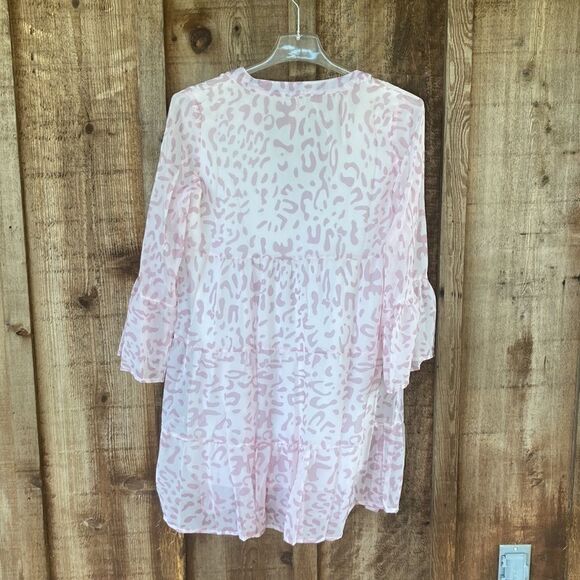 Dokotoo VNeck Tunic Casual Loose Babydoll Mini Swing Dress in Pink Leopard Print - Picture 3 of 11